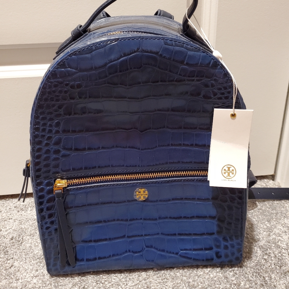 Croc-embossed mini navy blue Tory Burch backpack